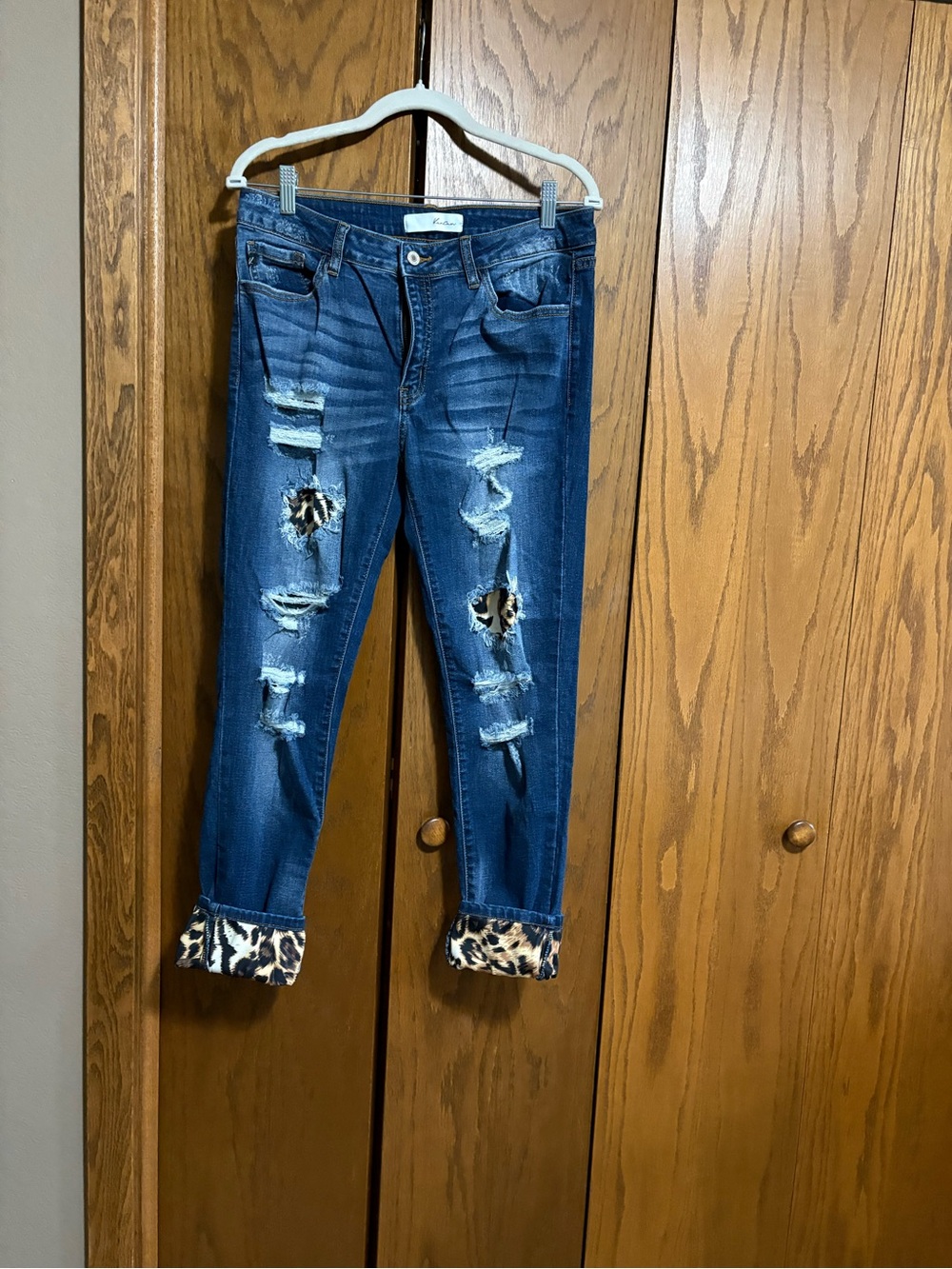 KanCan Dark Blue Distressed Skinny Jeans with Leopard Cuff